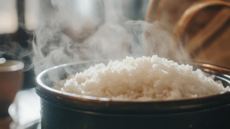 A close-up view of fluffy, steamed white rice in a pot, radiating warmth and comfort. Perfect for showcasing culinary delights in any food-related project.の素材