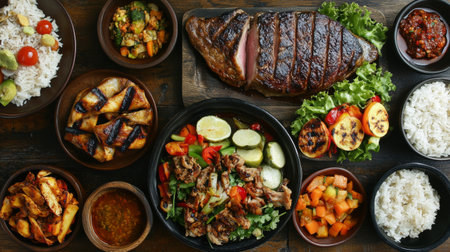 A colorful spread featuring grilled meats, fresh vegetables, and rice. Perfect for showcasing a variety of culinary styles and flavors for any meal.の素材