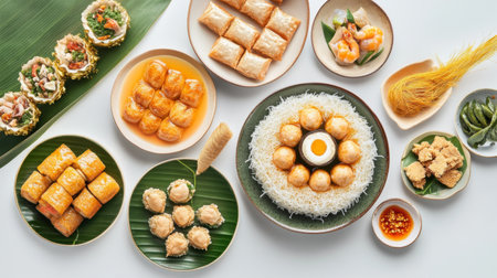 Discover a vibrant display of Asian cuisine featuring a variety of dishes artfully arranged for a festive dining experience. Perfect for food lovers.の素材