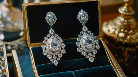 Stunning silver drop earrings featuring dazzling gemstones are displayed elegantly in a luxurious box, perfect for special occasions or as a gift.の素材