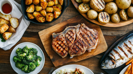 A beautifully arranged spread featuring grilled steak, fish, roasted potatoes, and broccoli, perfect for a flavorful dinner or summer gathering.の素材