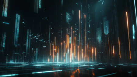 Immerse yourself in a vibrant digital cityscape with glowing neon lights and futuristic architecture, perfect for technology and abstract themes.の素材