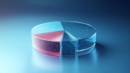 A modern 3D pie chart with a glowing effect, featuring blue and red segments, ideal for data analysis, presentations, and visual storytelling.の素材