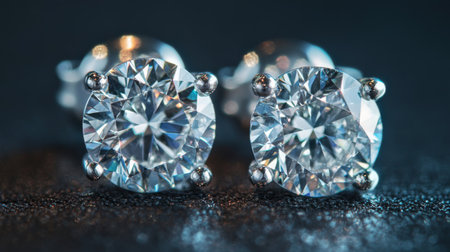 Close-up view of elegant diamond stud earrings showcasing their brilliant shine and exquisite craftsmanship against a dark background. Perfect for jewelry lovers.の素材