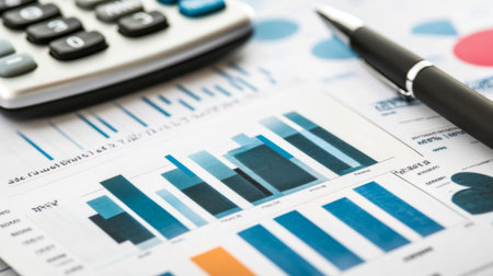 Close-up view of financial data analysis featuring a calculator, pen, and detailed graphs. Ideal for concepts of business analysis and financial planning.の素材