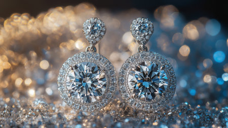 Stunning close-up of elegant diamond earrings set against a sparkling background, highlighting the intricate design and luxurious appeal of fine jewelry.の素材