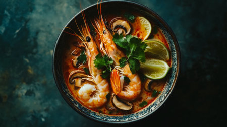 A vibrant bowl of fresh shrimp soup featuring tender shrimp, aromatic herbs, lime slices, and mushrooms, perfect for a comforting meal.の素材