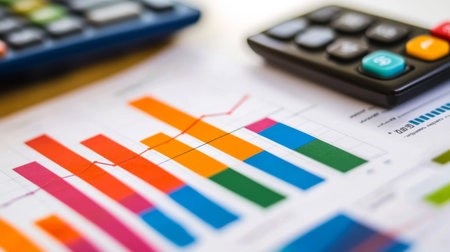 A close-up view of colorful financial charts alongside a calculator on a desk, showcasing data analysis and business performance metrics for effective planning.の素材