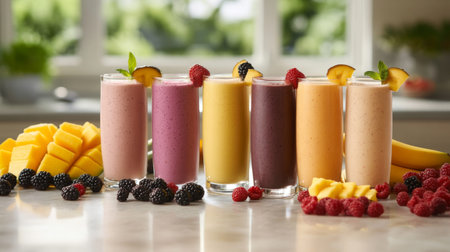 A vibrant display of fresh smoothies in tall glasses, surrounded by an assortment of colorful fruits. Perfect for healthy eating and refreshing beverages.の素材