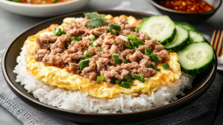 A hearty pork omelet served over fluffy rice, garnished with cucumbers and green onions, perfect for a wholesome meal any time of day.の素材