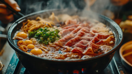 A steaming hot pot filled with fresh ingredients including beef slices, eggs, noodles, and vegetables. Perfect for a communal dining experience.の素材