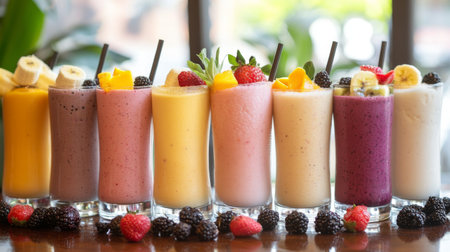 A vibrant display of colorful smoothies in glasses, featuring a variety of fruits, perfect for a refreshing treat or healthy snack on a sunny day.の素材