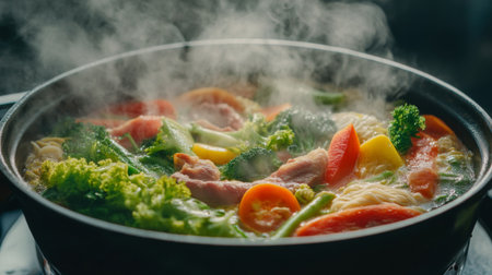 A vibrant assortment of fresh vegetables boiling in a pot, steam rising, creating an appetizing and healthy meal. Capturing the essence of comfort food.の素材