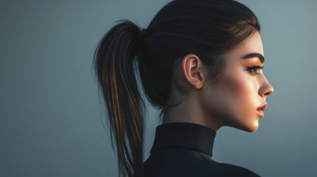 This stunning profile portrait showcases a young woman's elegance and beauty, featuring soft lighting that enhances her features and hairstyle.の素材