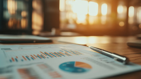 A close-up view of business charts and reports on a wooden desk, illuminated by warm sunlight. The scene captures analysis and productivity in a professional workspace.の素材