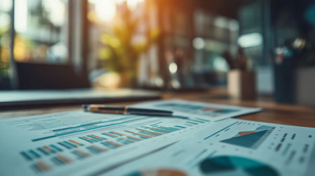 Close-up of business charts and reports on an office desk, featuring colorful graphs and statistics. Ideal for financial analysis and workspace imagery.の素材