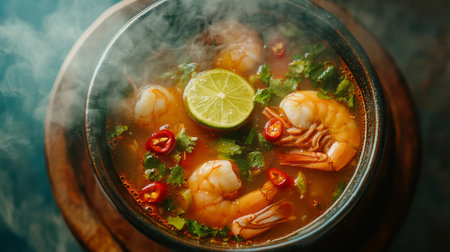 A steaming bowl of flavorful shrimp soup featuring fresh lime, chilies, and herbs. Perfect for a cozy meal with vibrant colors and enticing aroma.の素材