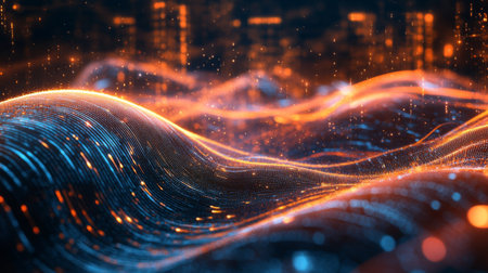 Vibrant abstract illustration of digital waves in glowing blue and orange, creating a sense of depth and motion. Perfect for technology and design themes.の素材
