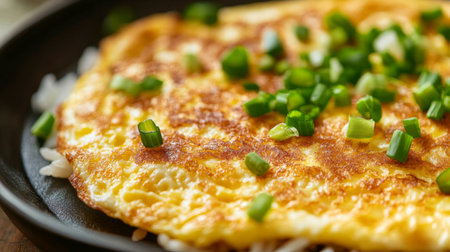 A delicious omelette topped with fresh green onions served on a black plate. Perfect for breakfast or brunch, this appetizing dish highlights simple cooking.の素材