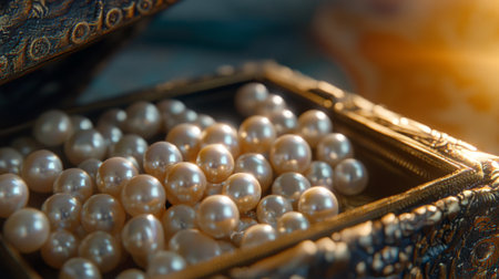 This captivating stock photo features a beautifully ornate jewelry box overflowing with elegant pearls, symbolizing luxury and timeless beauty.の素材