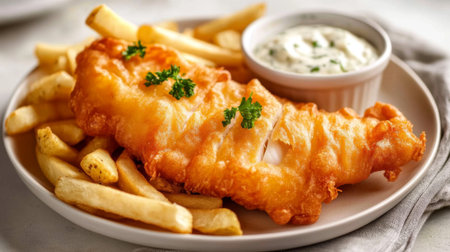 A delicious plate of crispy fried fish served with golden chips and a side of tartar sauce. Perfect for lunch or dinner with a comforting appeal.の素材