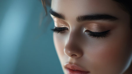 This close-up image showcases a young woman's flawless makeup, highlighting her elegant eyeliner and radiant skin. Perfect for beauty and fashion themes.の素材