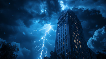 Captivating scene of a tall building illuminated by lightning during a stormy night, featuring dramatic clouds and an electrifying atmosphere.の素材
