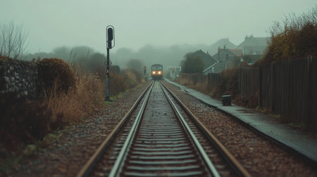 Tranquil scene of train tracks stretching into a foggy distance, creating a serene atmosphere for travel and exploration in nature.の素材
