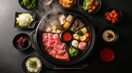 Experience a delightful hot pot meal featuring fresh ingredients and a variety of sides. Perfect for sharing and enjoying with friends and family!の素材