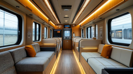 A sleek and modern train carriage interior featuring spacious seating and warm wooden accents, ideal for a comfortable and stylish travel experience.の素材