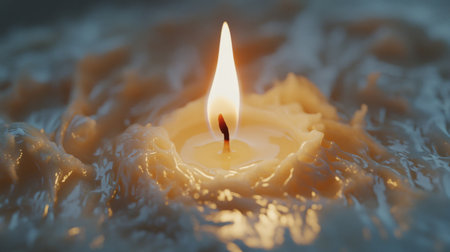 A tranquil scene featuring a solitary candle flame reflecting on a calm water surface, evoking feelings of serenity and warmth, perfect for peaceful settings.の素材