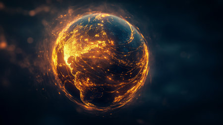 This stunning image features a glowing globe, representing global connectivity and technology. The fiery effects and vibrant lights create a dynamic visualization of our planet.の素材