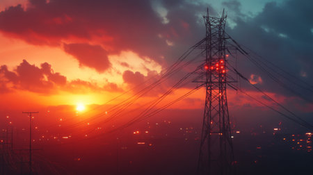 A stunning sunset casts vibrant colors over power lines, creating a dramatic silhouette against the evening sky. The contrasting hues evoke a peaceful yet dynamic atmosphere.の素材