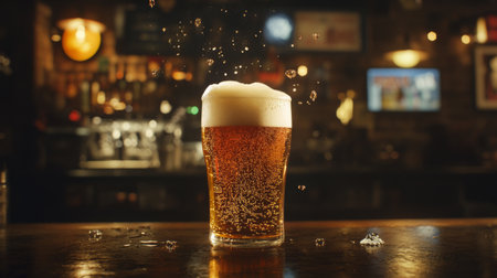 A cold glass of beer with a foamy head sits invitingly on a bar counter, surrounded by a warm ambiance, perfect for social gatherings and celebrations.の素材