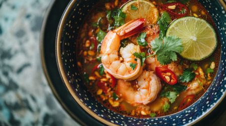 A vibrant bowl of shrimp soup featuring fresh lime, cilantro, and chili. This dish offers a perfect blend of spices and flavors for a delightful meal.の素材