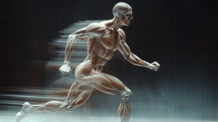 An expressive illustration of human anatomy in motion, depicting muscles and skeletal structure while running. Ideal for fitness and health themes.の素材