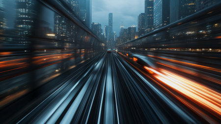 A stunning cityscape captured in motion blur, showcasing vibrant lights and sleek buildings at twilight, conveying the energy of urban life and travel.の素材