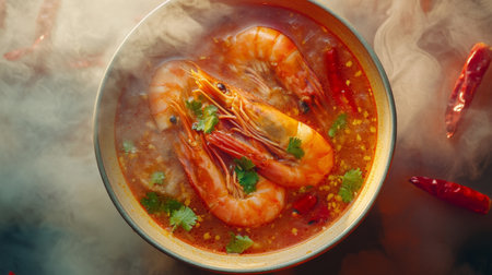 A vibrant bowl of spicy shrimp soup featuring fresh ingredients and aromatic herbs. The steaming broth showcases an array of flavors and colors.の素材