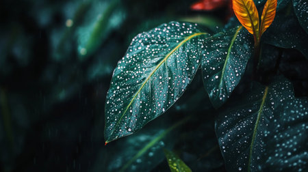 Capture the beauty of nature with fresh rain on lush green leaves, showcasing vibrant droplets that highlight the intricate textures and colors.の素材