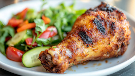 A mouthwatering grilled chicken leg served on a plate alongside a colorful fresh salad with vibrant vegetables, perfect for a delicious meal.の素材