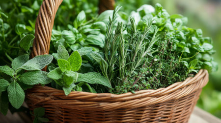 A beautifully arranged basket filled with fresh herbs including basil, rosemary, mint, and thyme. Perfect for culinary and wellness uses in cooking.の素材
