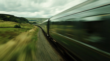 A fast-moving train glides through a lush green countryside, creating a dynamic blur against the picturesque landscape. Ideal for travel themes.の素材