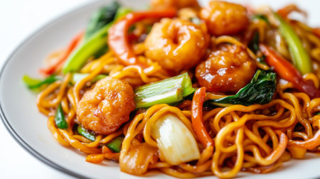 A delicious plate of stir-fried noodles featuring succulent shrimp and colorful vegetables. This appetizing dish showcases vibrant flavors and textures.の素材