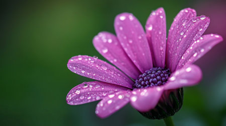 A beautiful close-up of a vibrant pink flower showcasing delicate petals adorned with raindrops, symbolizing freshness and the beauty of nature.の素材