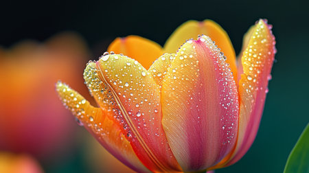 A stunning closeup of a vibrant tulip with delicate water droplets on its colorful petals, capturing the beauty of nature in springtime.の素材