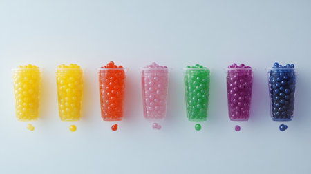 A vibrant array of transparent cups filled with colorful gel balls, arranged on a minimal background, perfect for playful designs and festive themes.の素材