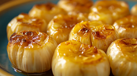 A close-up view of roasted garlic cloves on a blue plate, showcasing their golden-brown color and appetizing texture. Perfect for enhancing dishes.の素材