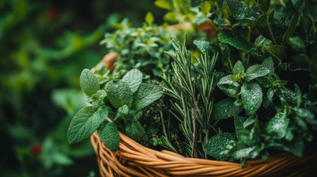A beautiful basket filled with fresh herbs like mint and rosemary. Perfect for culinary use, gardening inspiration, and natural decor elements.の素材