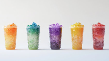 A vibrant arrangement of colorful refreshing beverages in clear cups, showcasing various flavors. Perfect for summer parties or casual gatherings.の素材