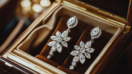 Discover a stunning pair of elegant silver earrings showcased in a luxurious box, perfect for special occasions or as a dazzling gift.の素材